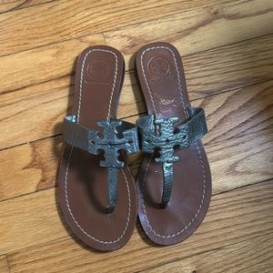 Tory Burch Pewter Leather Logo Sandals